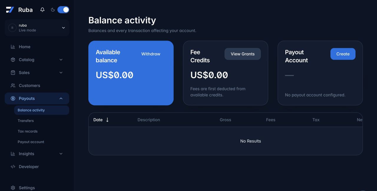 Ruba finance balance view in dark mode
