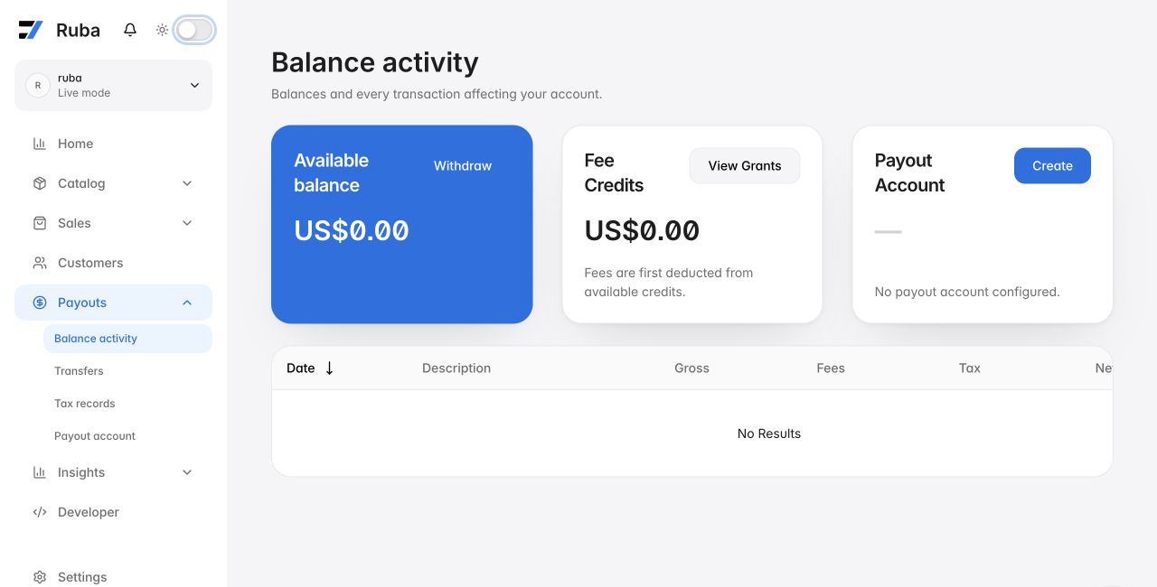 Ruba finance balance view in light mode
