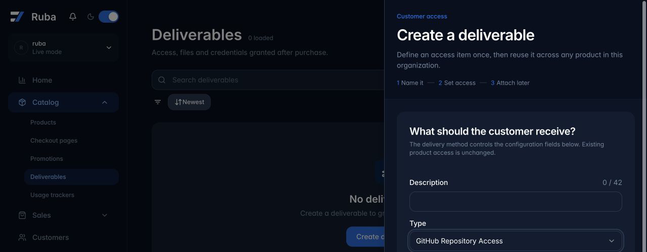 Ruba deliverable form configured for GitHub Repository Access in dark mode