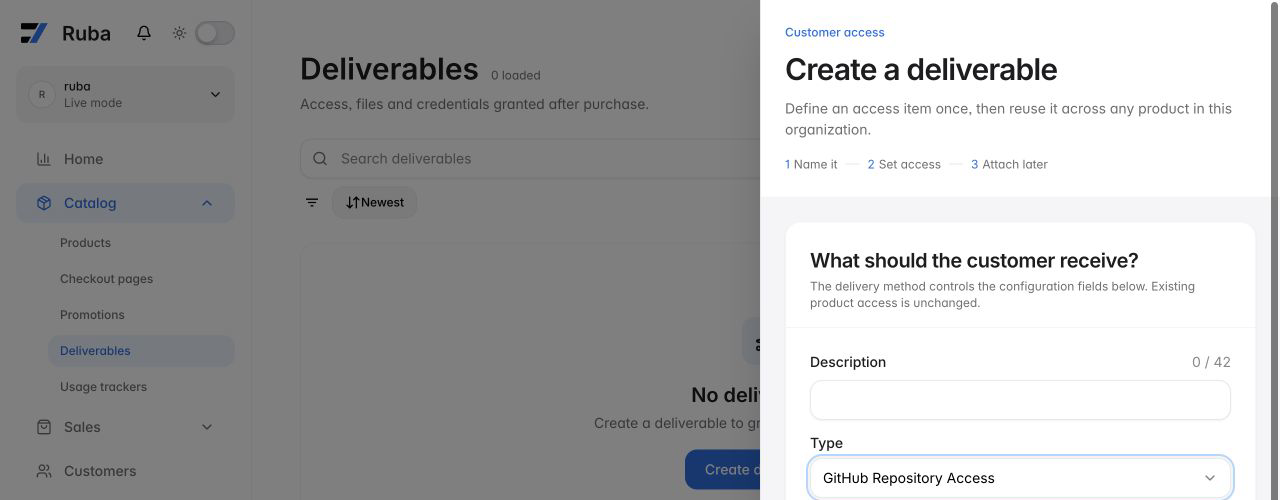 Ruba deliverable form configured for GitHub Repository Access in light mode