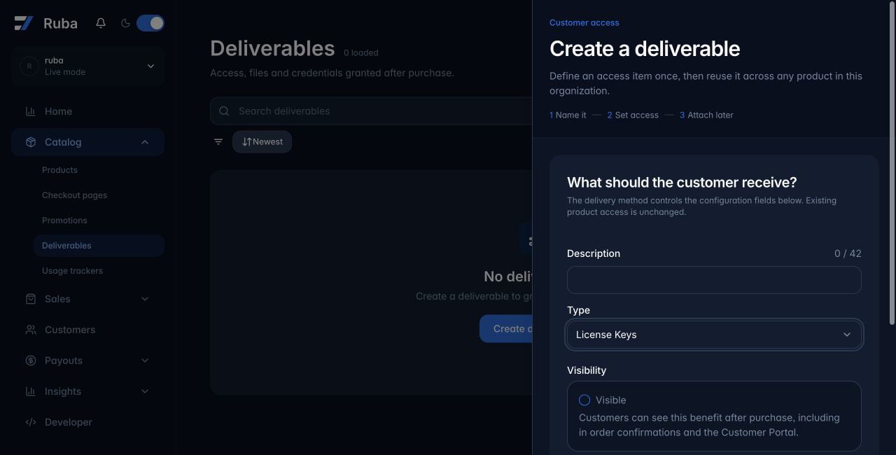 Ruba deliverable form configured for License Keys in dark mode