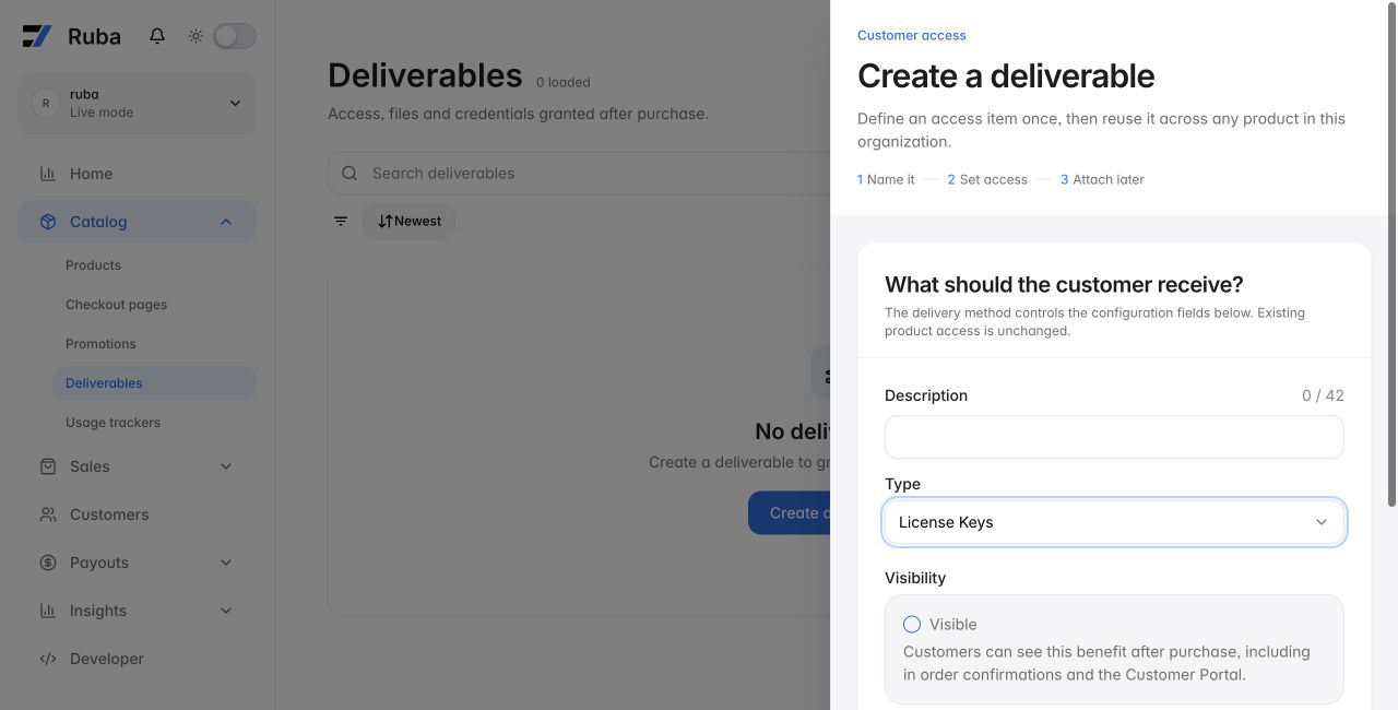 Ruba deliverable form configured for License Keys in light mode