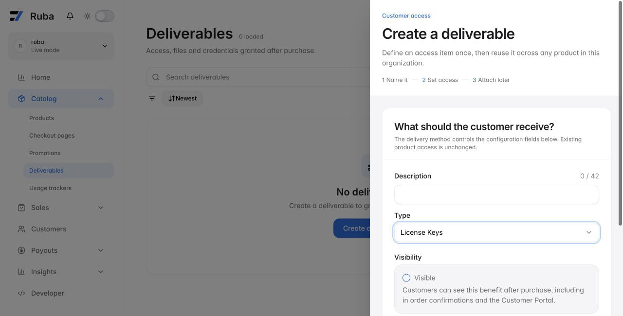 Ruba deliverable form configured for License Keys in light mode