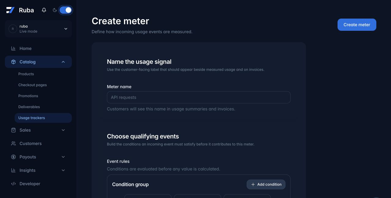 Ruba create meter form in dark mode