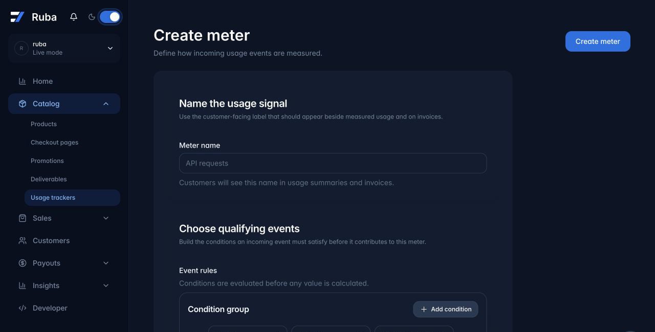 Ruba create meter form in dark mode