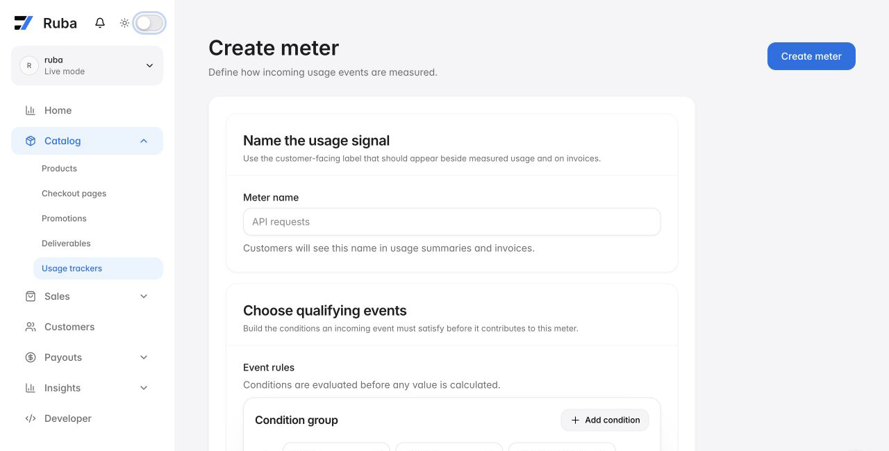Ruba create meter form in light mode