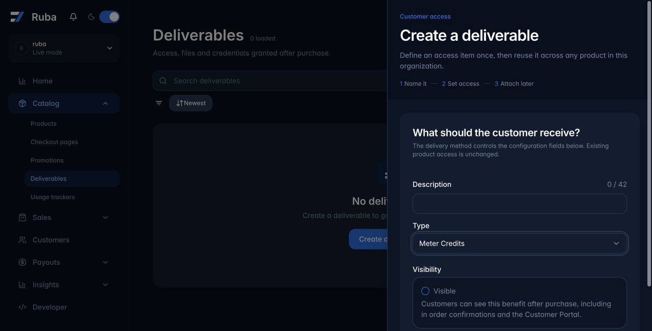 Ruba deliverable form configured for Meter Credits in dark mode