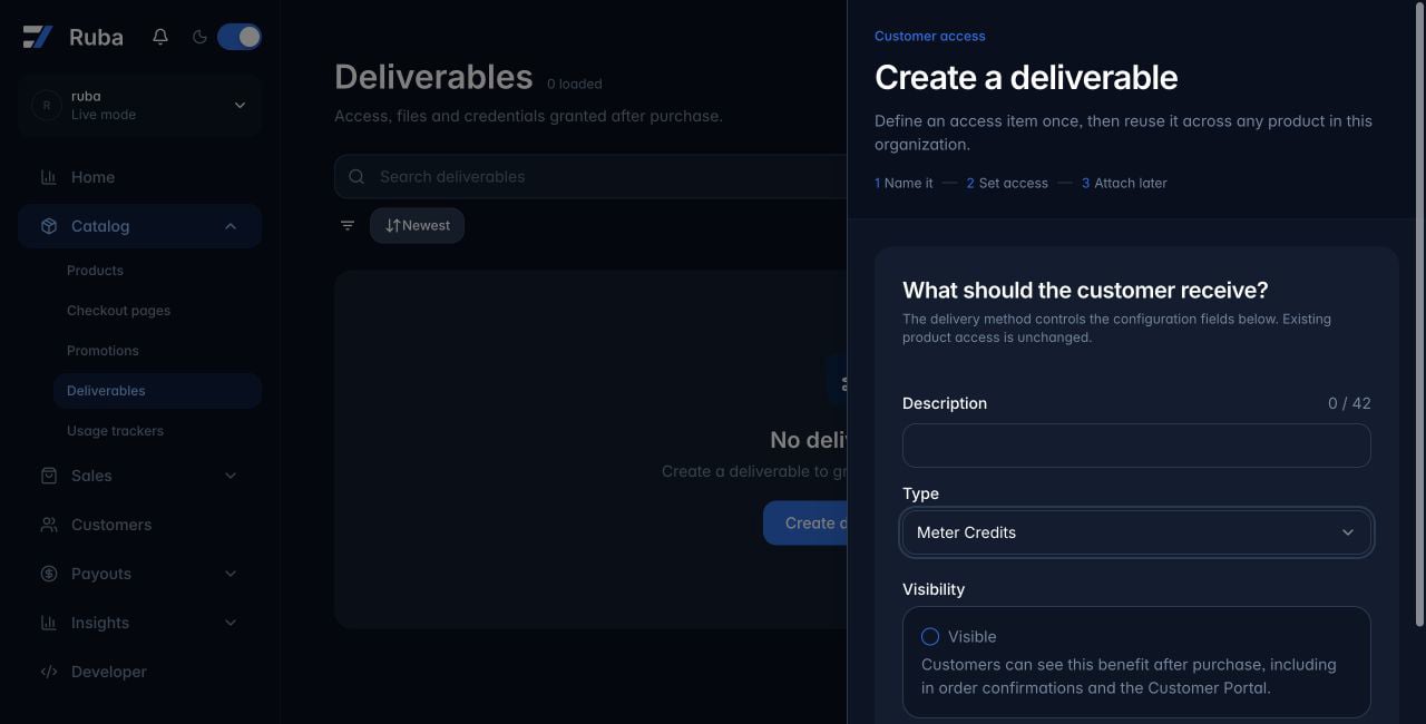 Ruba deliverable form configured for Meter Credits in dark mode