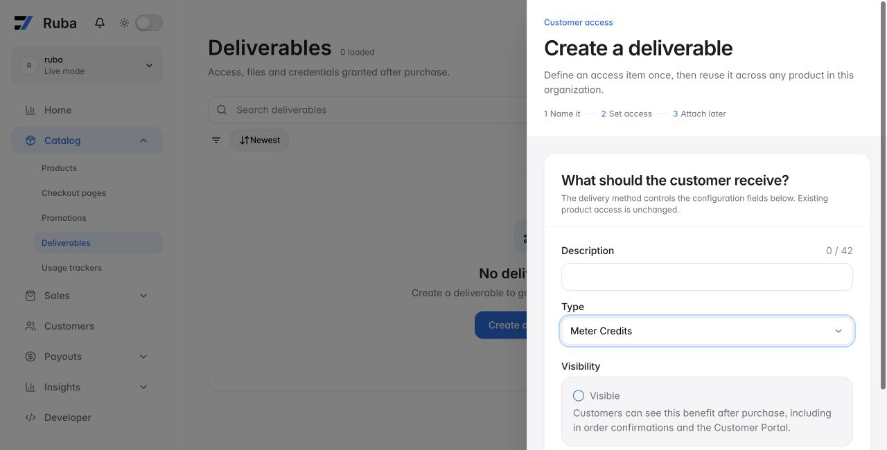 Ruba deliverable form configured for Meter Credits in light mode