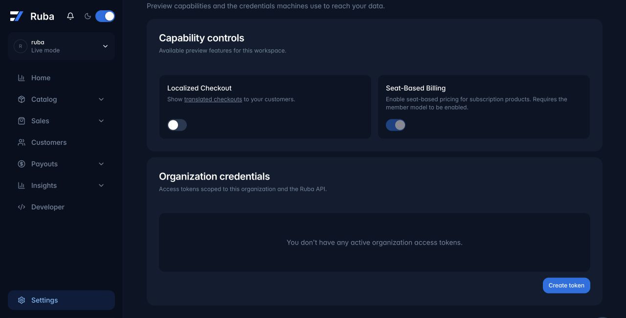 Ruba organization credentials section in dark mode