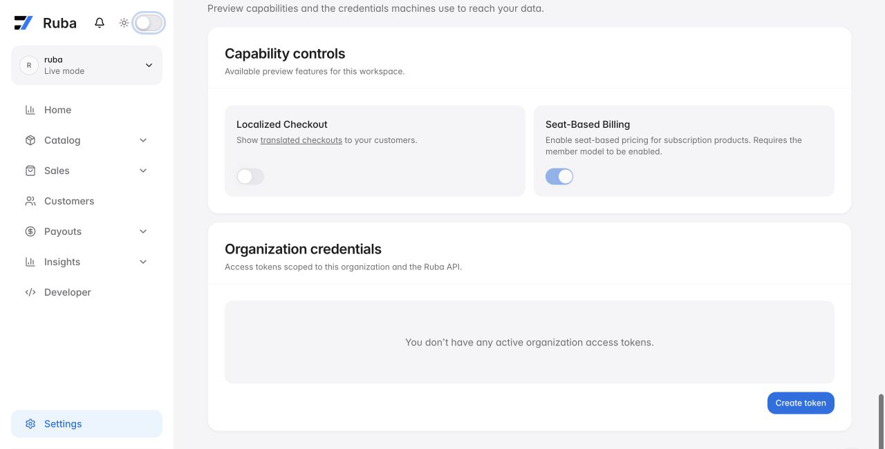 Ruba organization credentials section in light mode