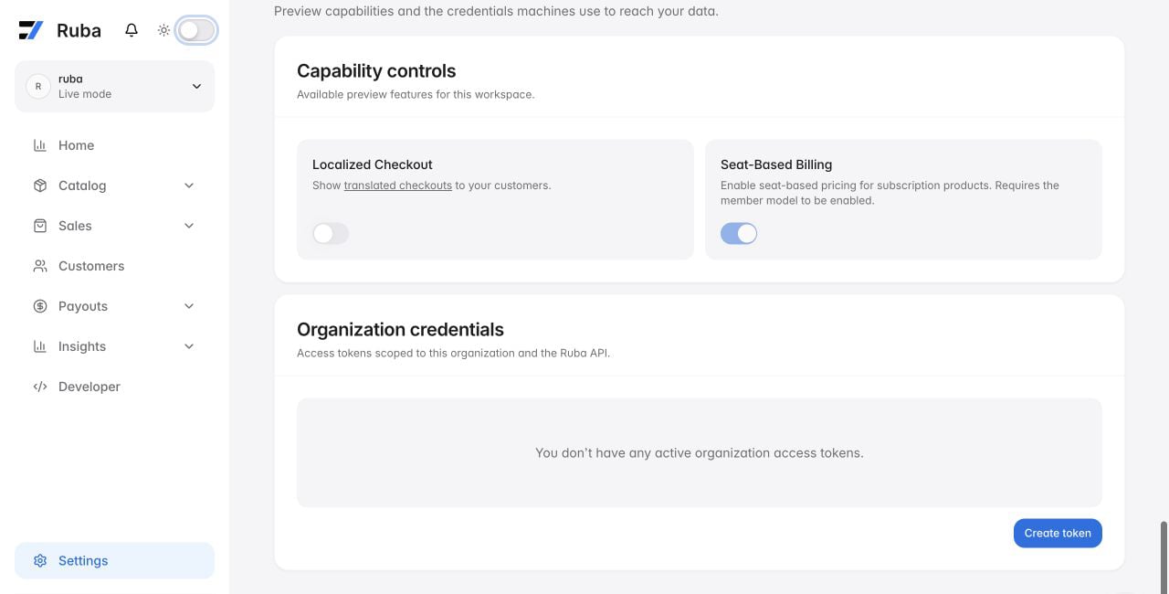 Ruba organization credentials section in light mode