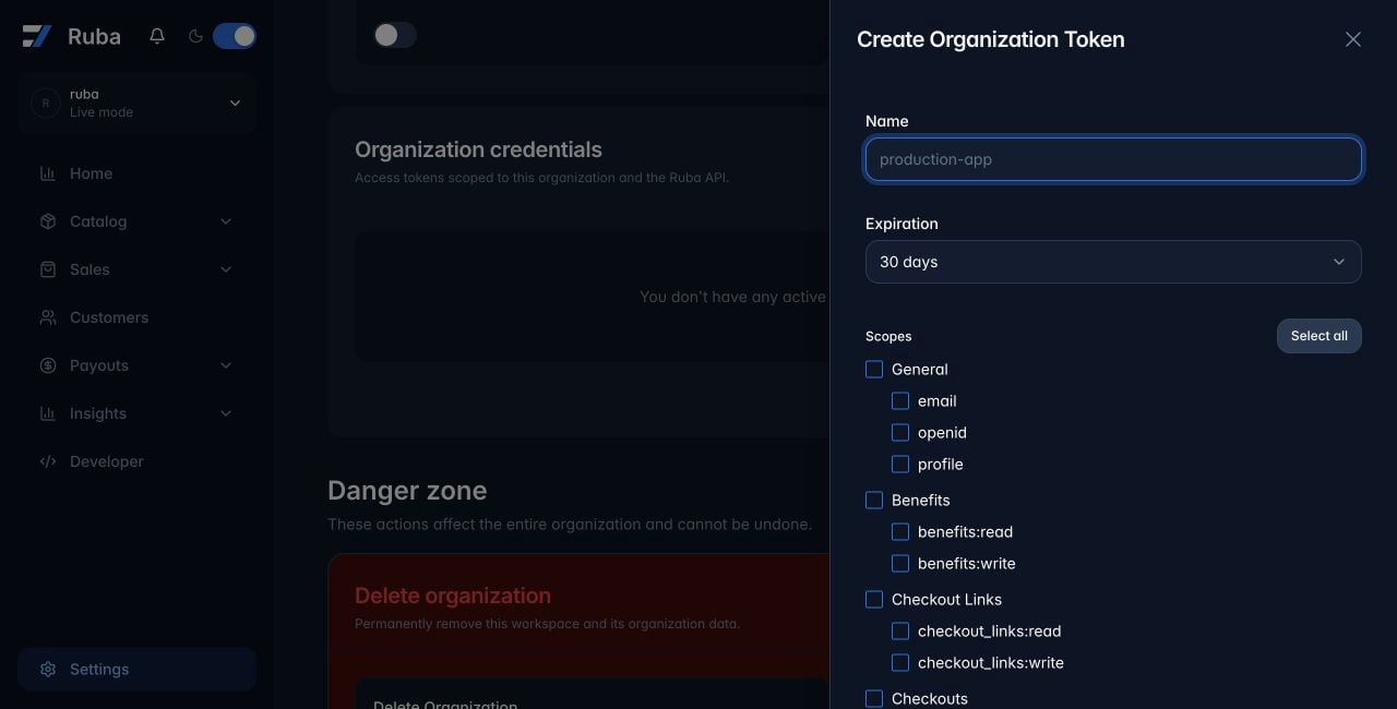 Ruba organization access token form in dark mode