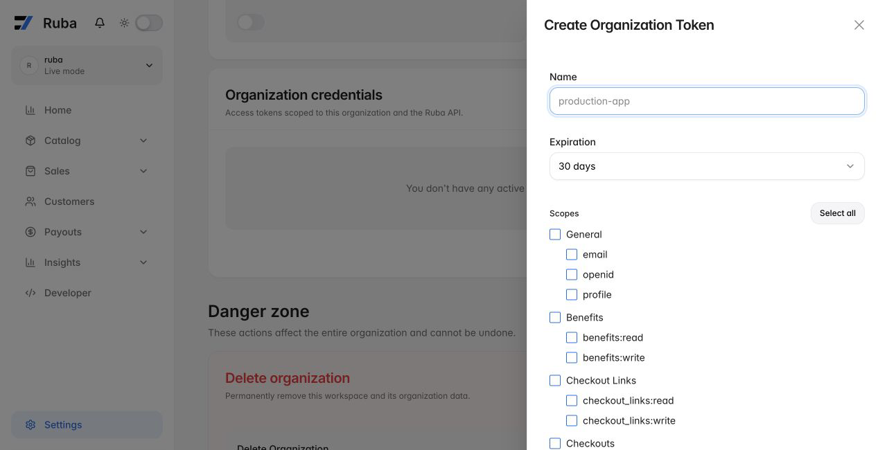 Ruba organization access token form in light mode