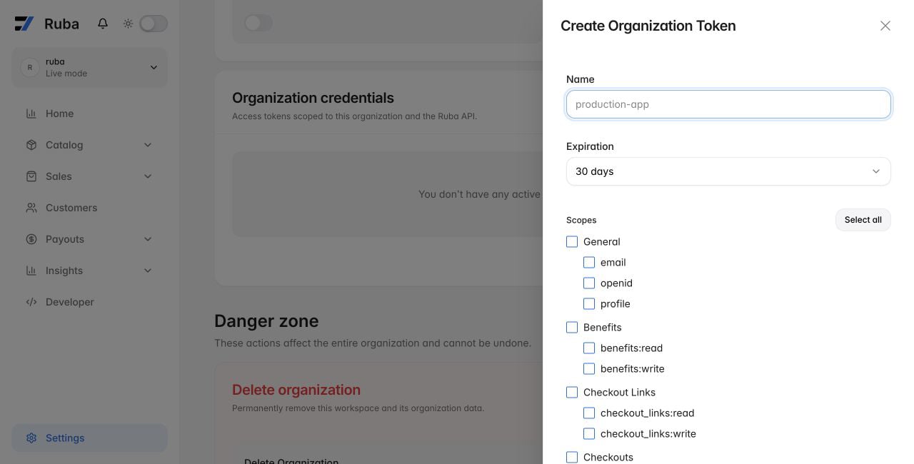 Ruba organization access token form in light mode