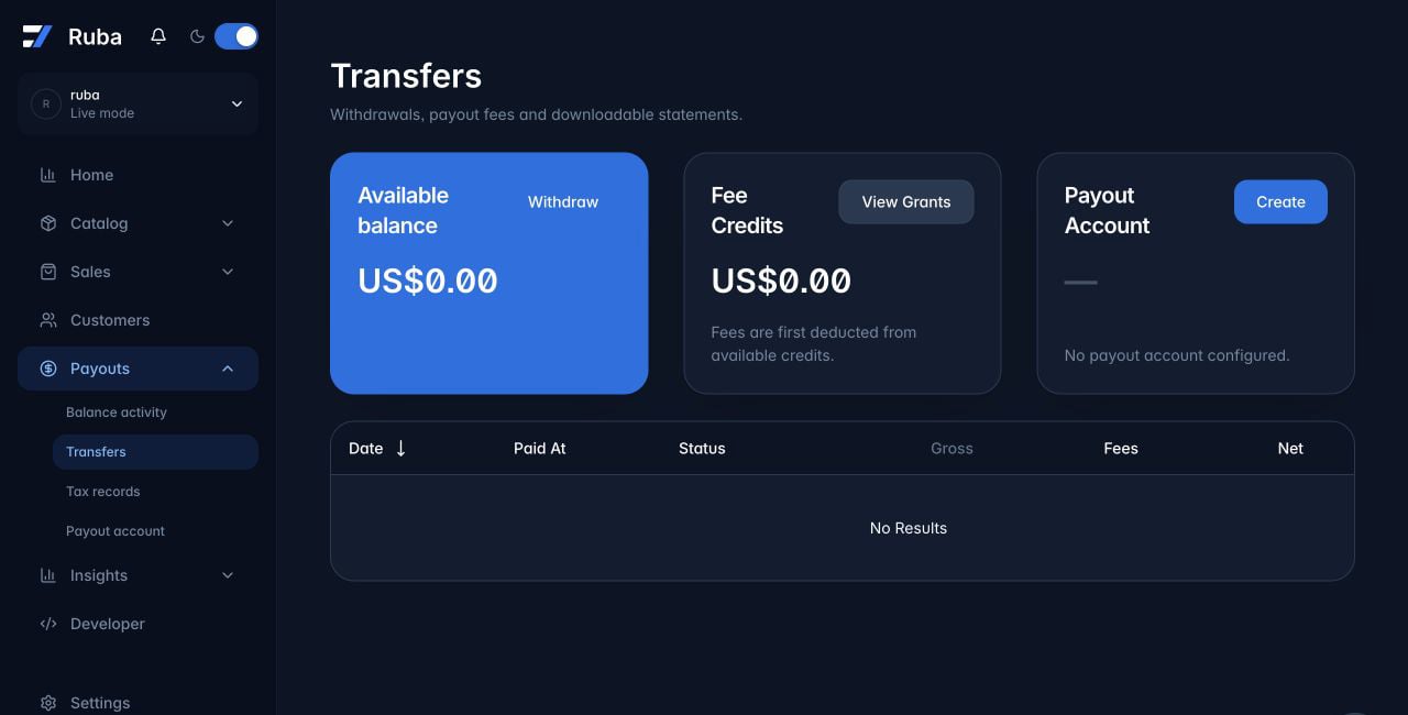 Ruba payouts view in dark mode
