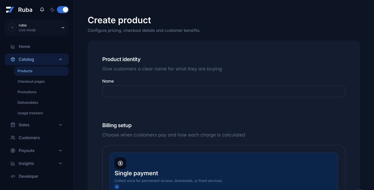 Ruba product creation form in dark mode
