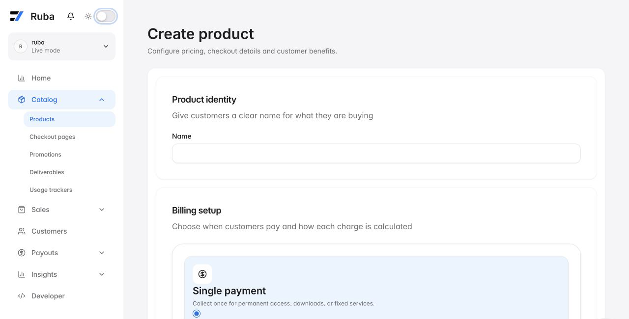 Ruba product creation form in light mode