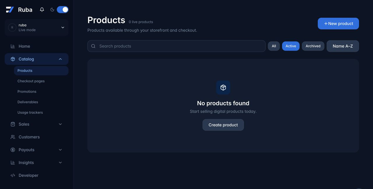 Ruba products list empty state in dark mode