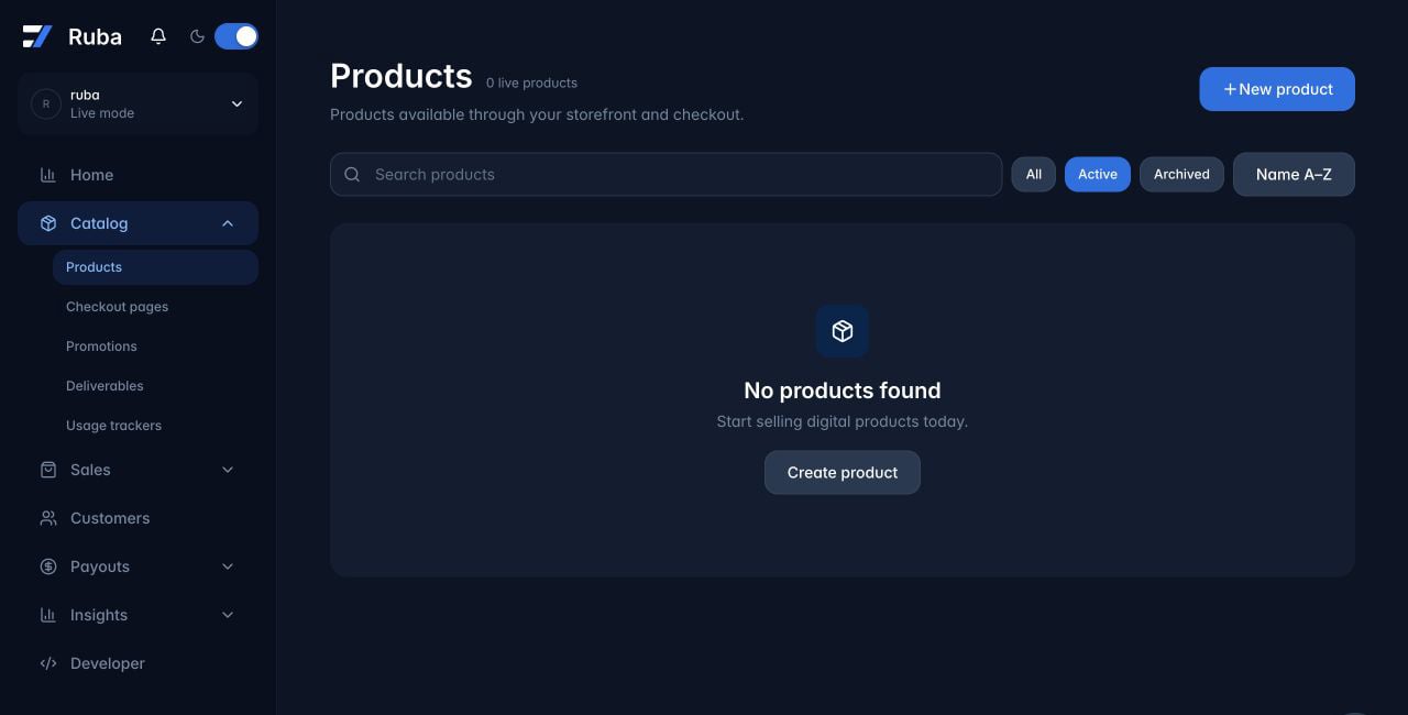 Ruba products list empty state in dark mode