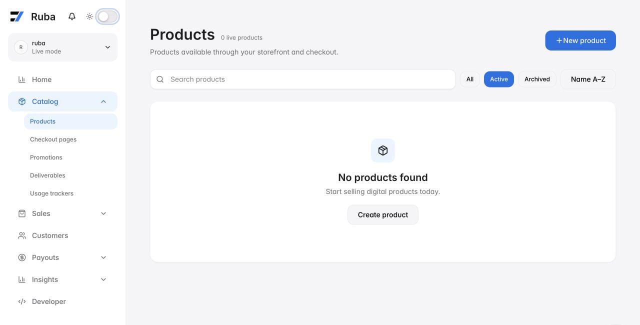 Ruba products list empty state in light mode
