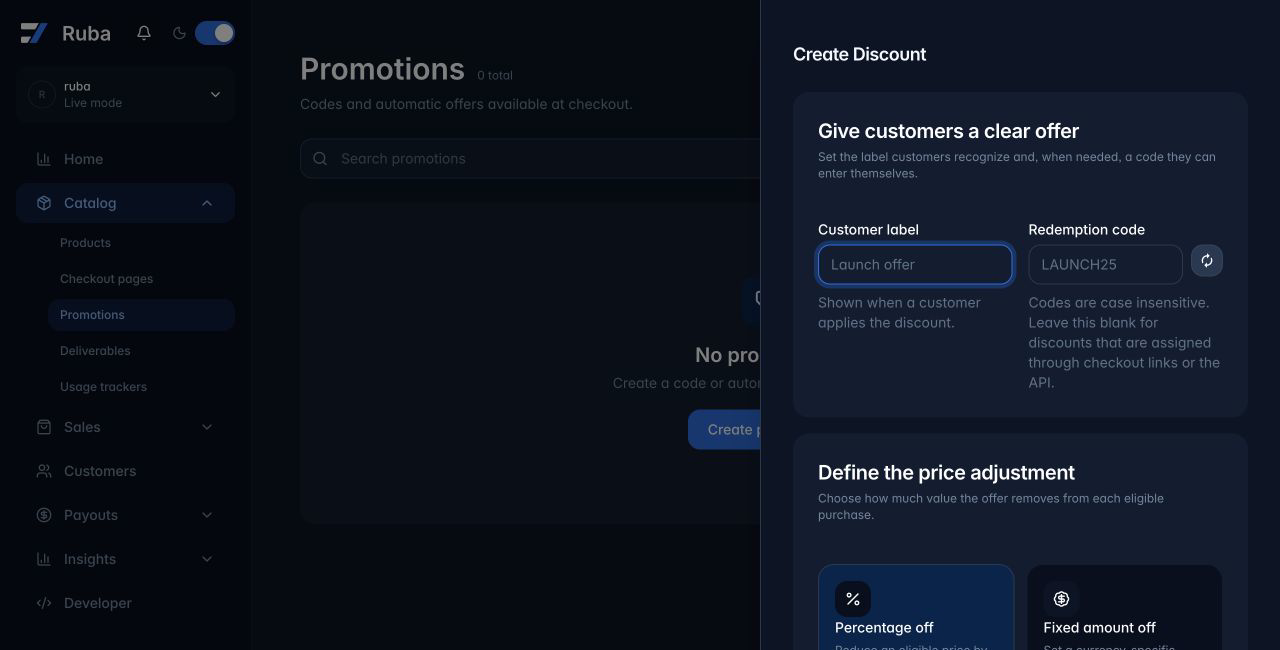 Ruba promotion creation form in dark mode