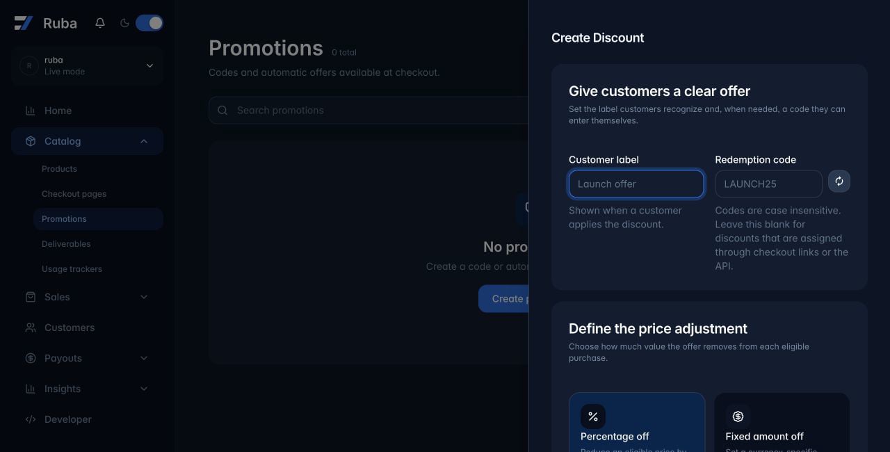 Ruba promotion creation form in dark mode