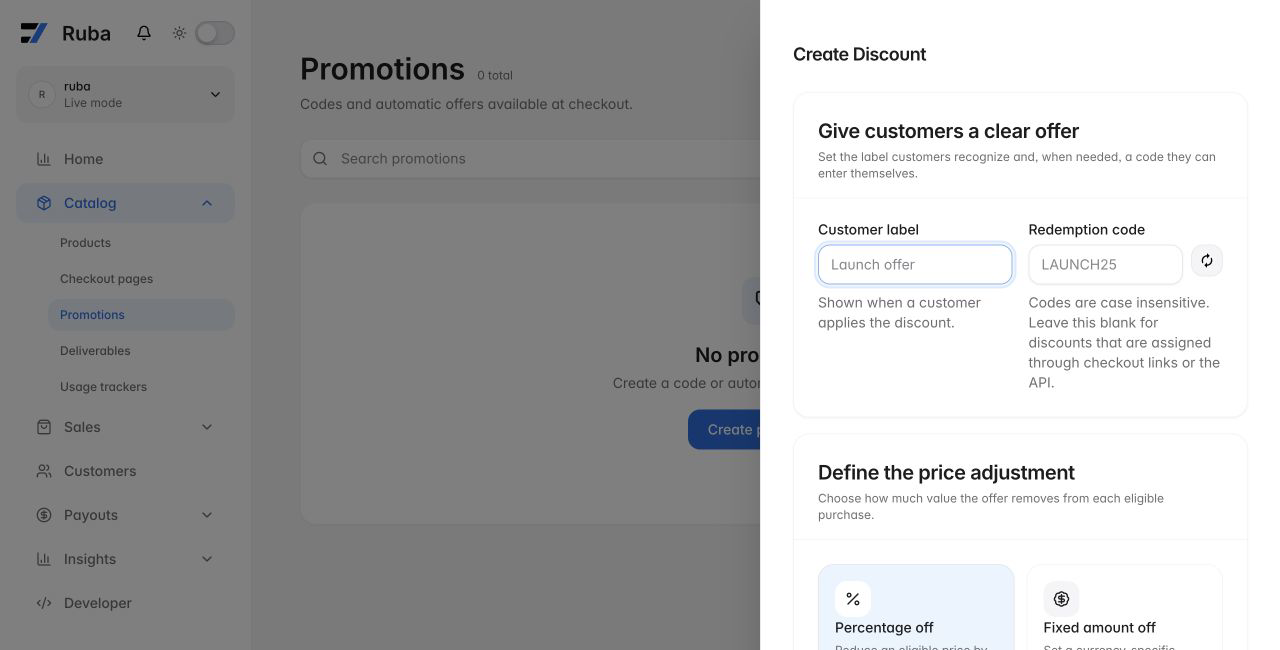 Ruba promotion creation form in light mode