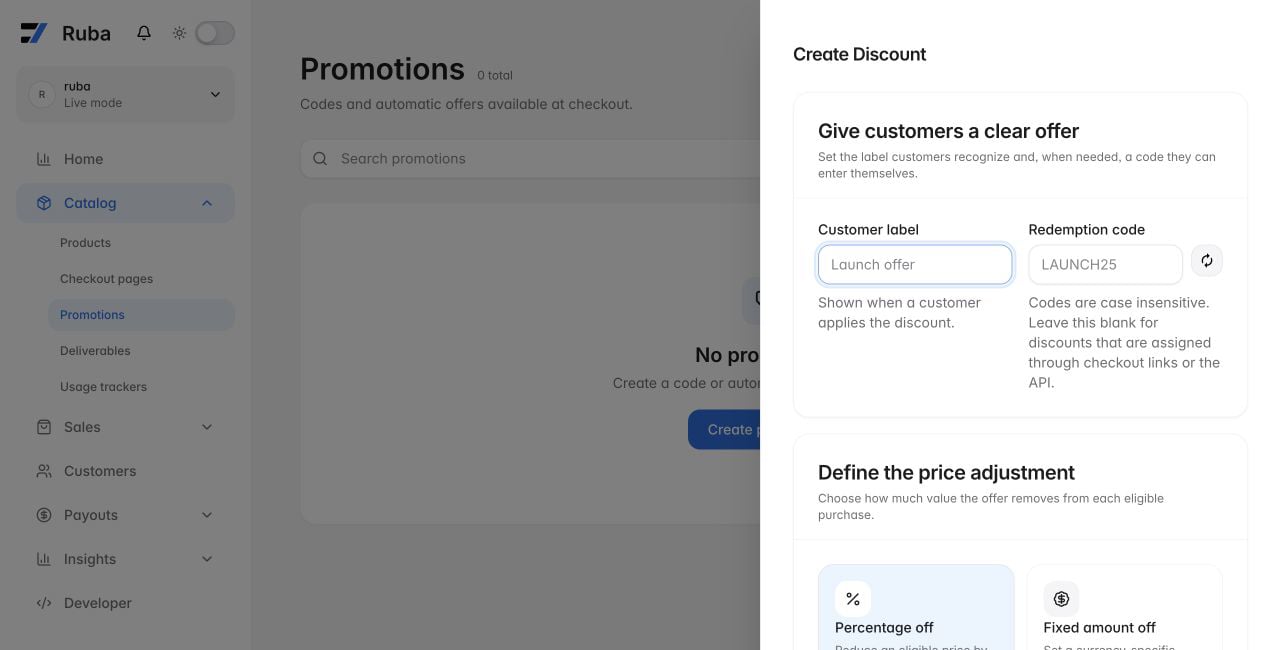 Ruba promotion creation form in light mode