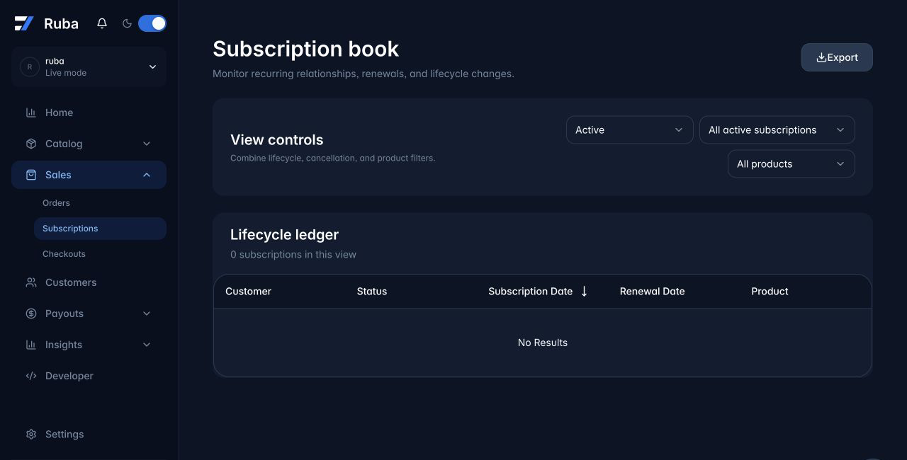 Ruba subscriptions view in dark mode