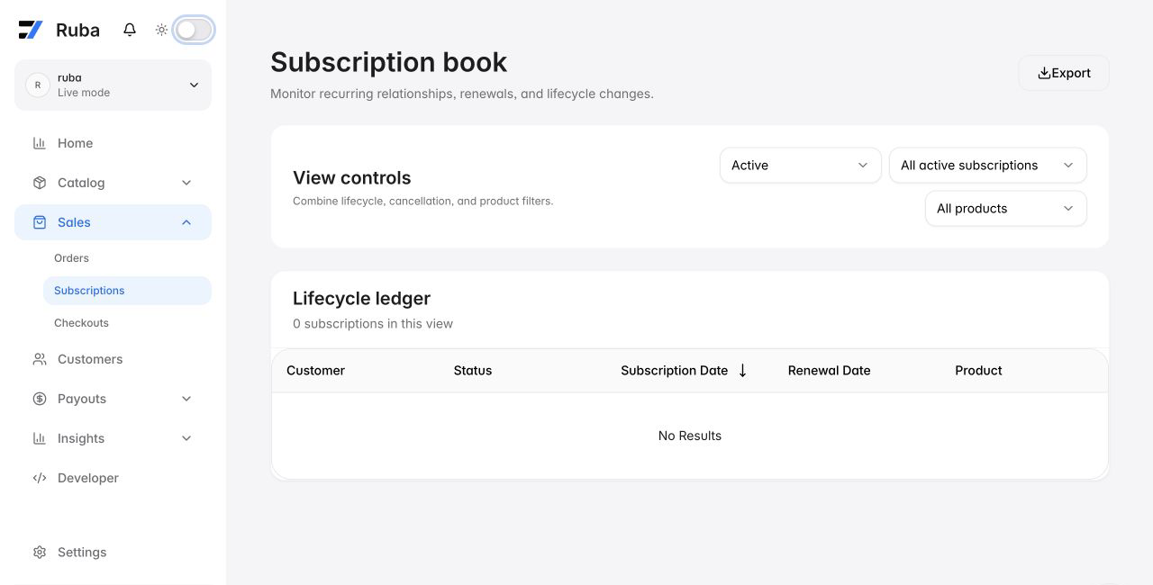 Ruba subscriptions view in light mode