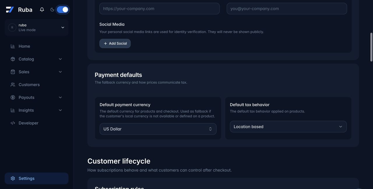 Ruba payment defaults with the default tax behavior setting in dark mode