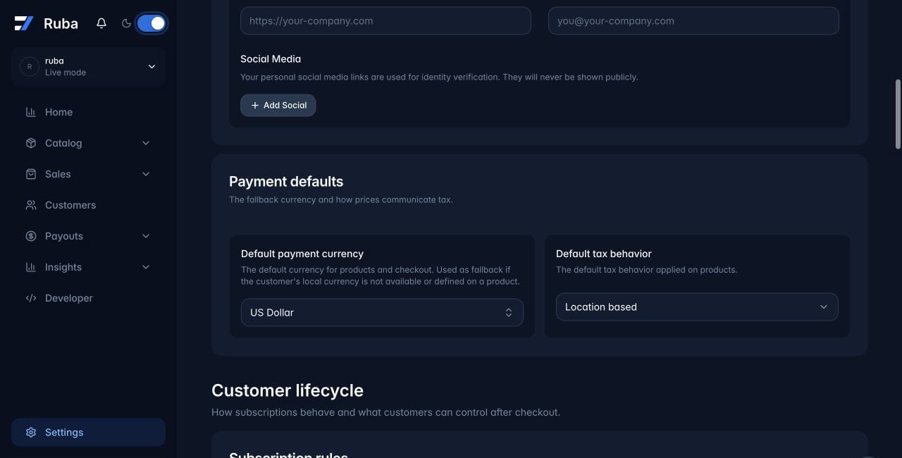 Ruba payment defaults with the default tax behavior setting in dark mode
