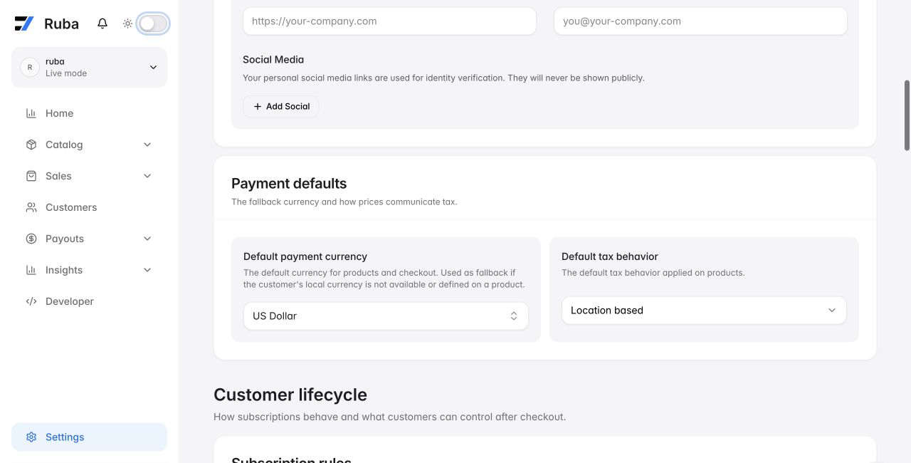 Ruba payment defaults with the default tax behavior setting in light mode