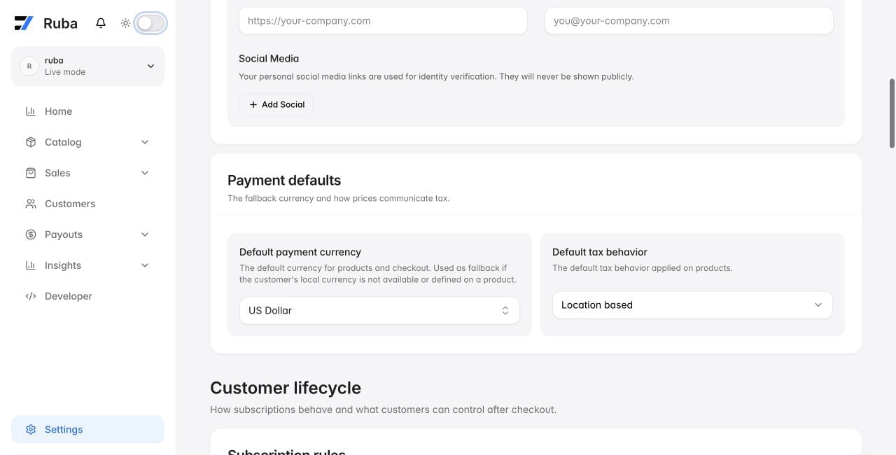 Ruba payment defaults with the default tax behavior setting in light mode