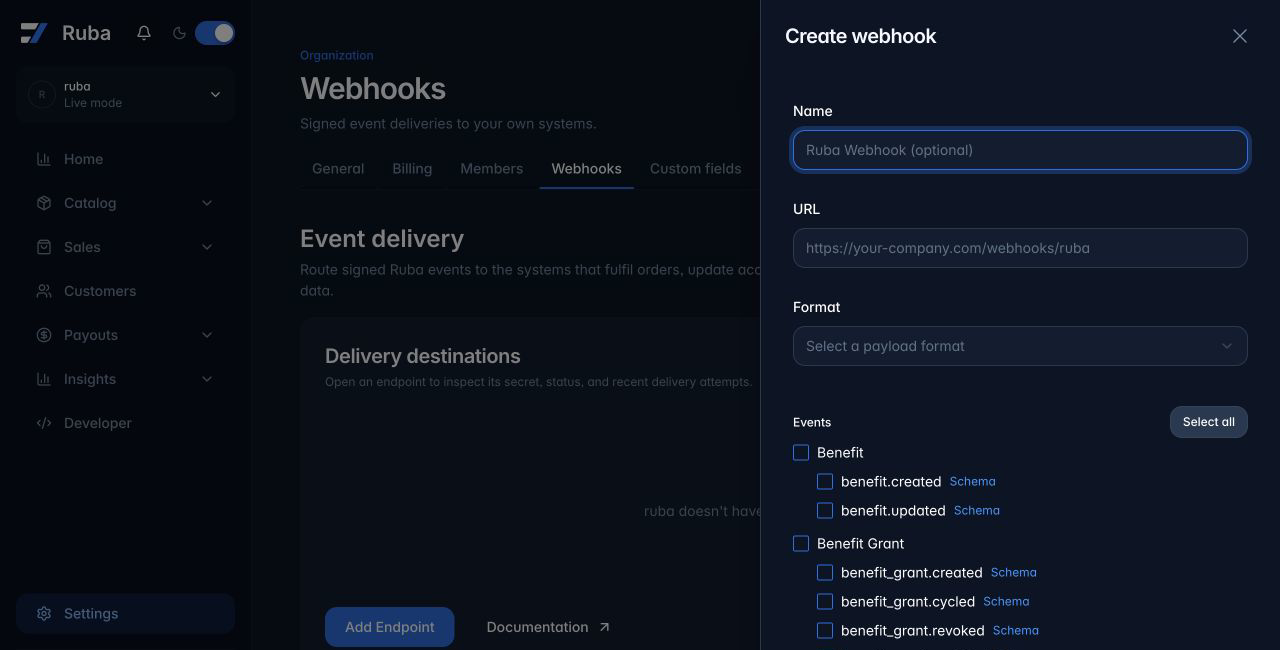 Ruba webhook endpoint form in dark mode
