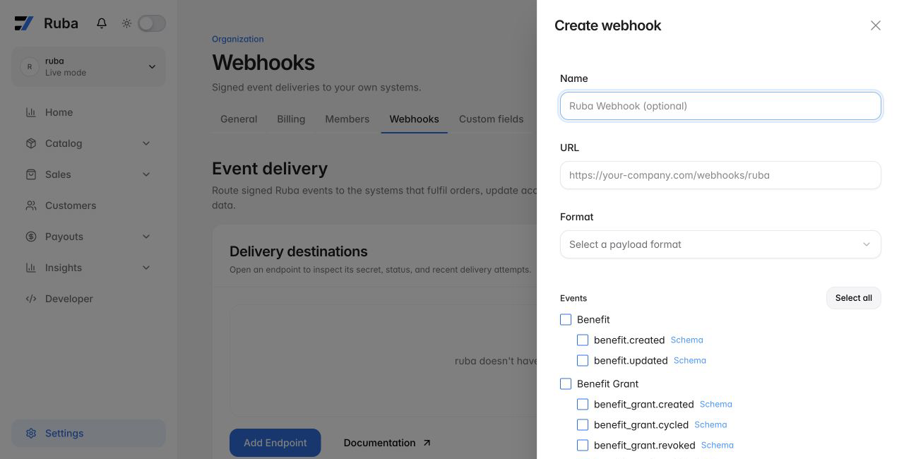 Ruba webhook endpoint form in light mode