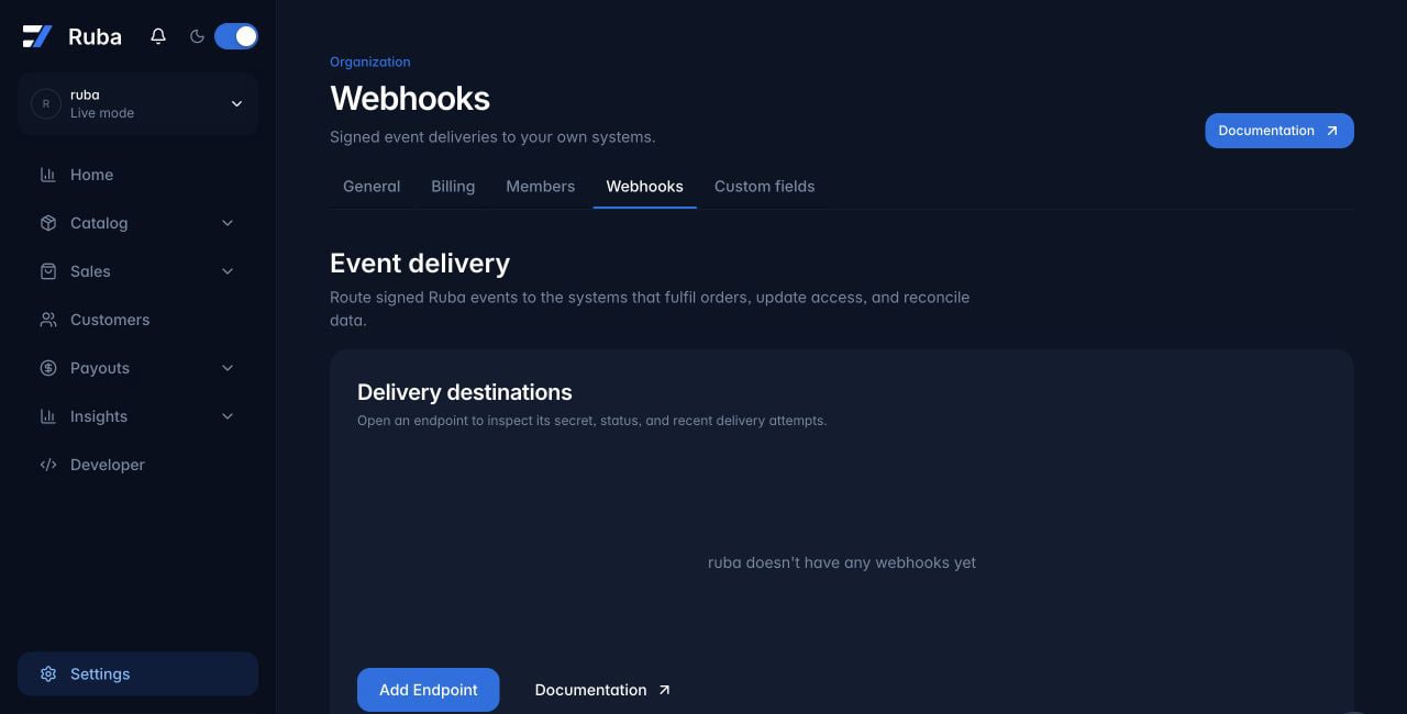 Ruba webhook settings with no endpoints in dark mode