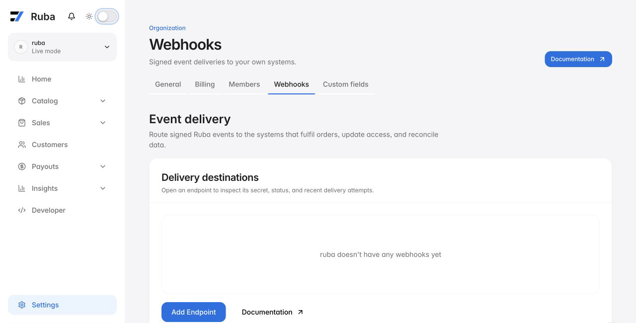 Ruba webhook settings with no endpoints in light mode
