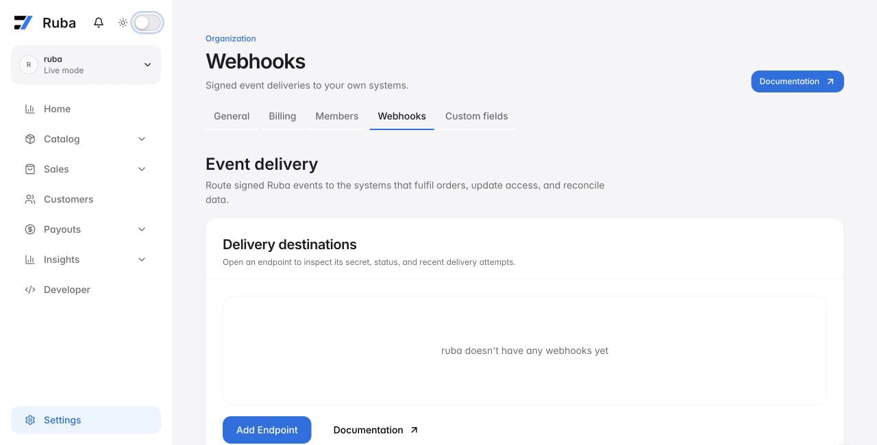 Ruba webhook settings with no endpoints in light mode
