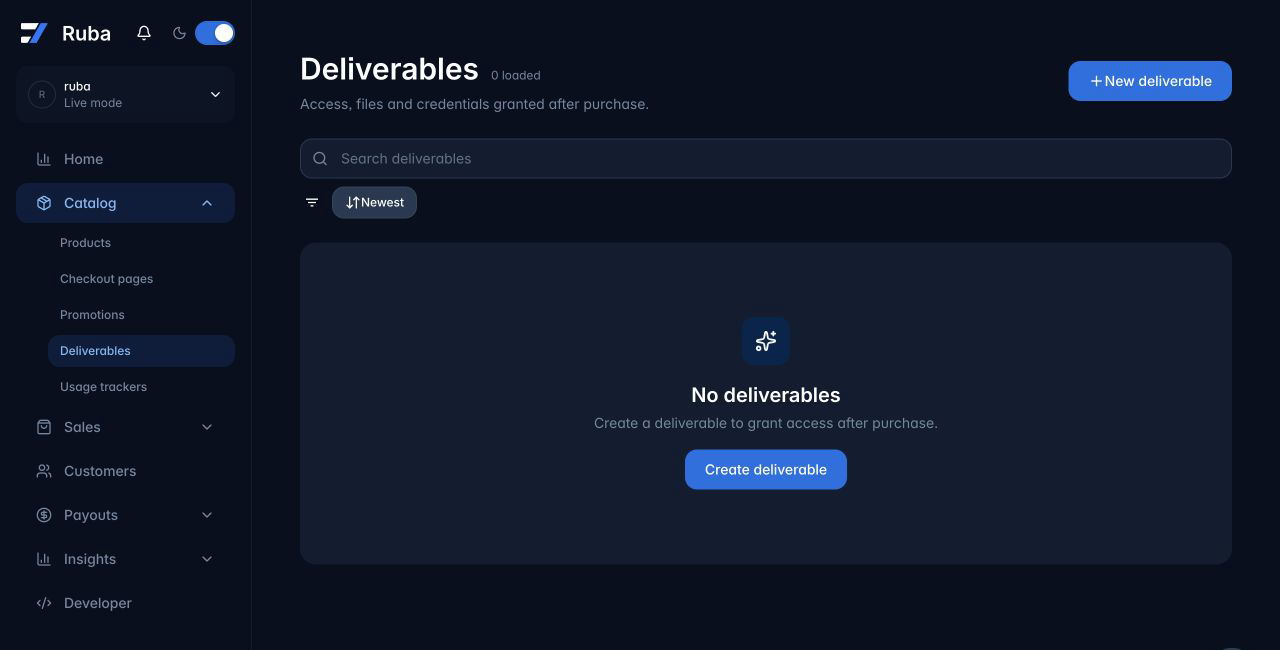 Ruba Deliverables catalog in dark mode