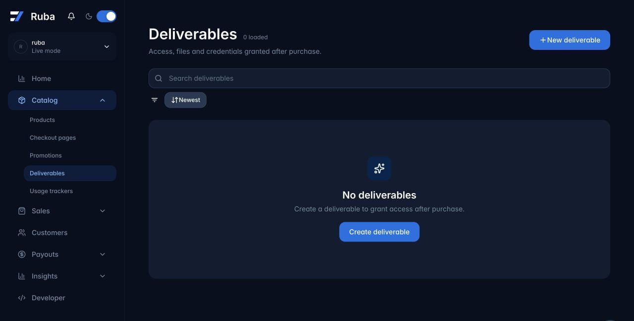 Ruba Deliverables catalog in dark mode