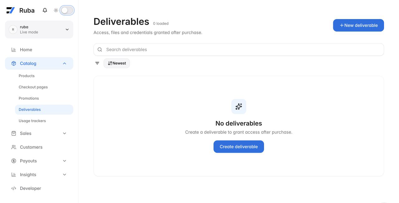 Ruba Deliverables catalog in light mode