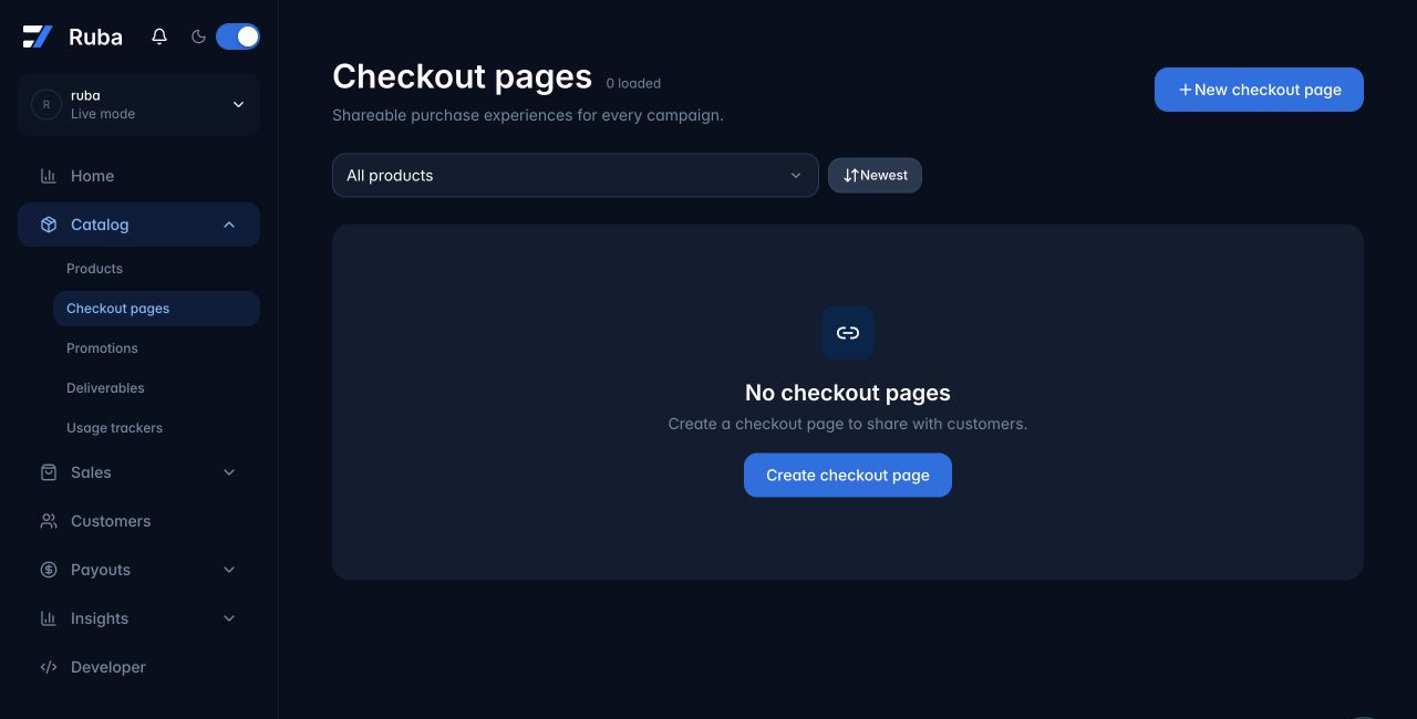 Ruba checkout pages list in dark mode