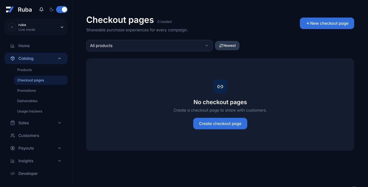Ruba checkout pages list in dark mode