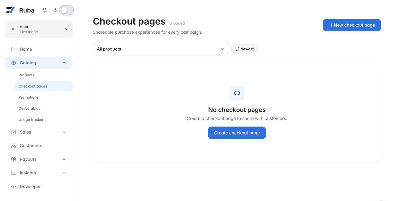 Ruba checkout pages list in light mode