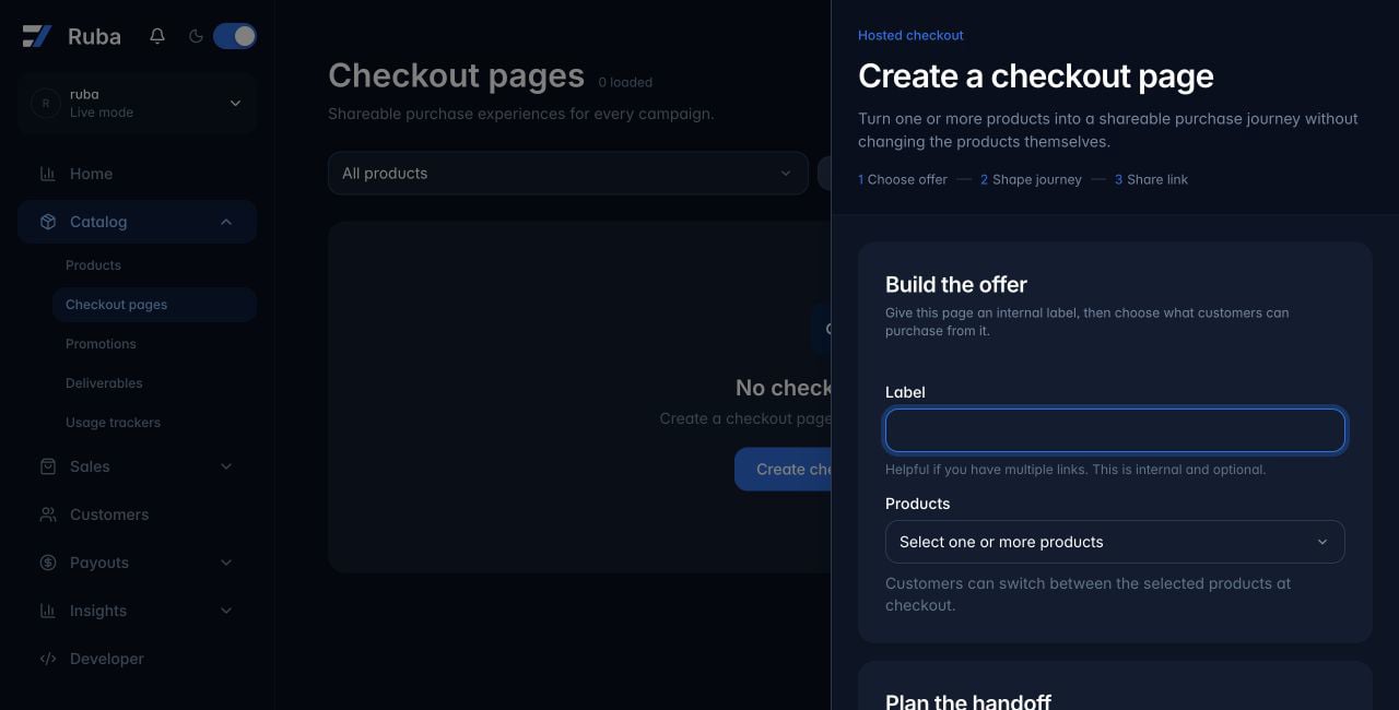 Ruba checkout page creation form in dark mode