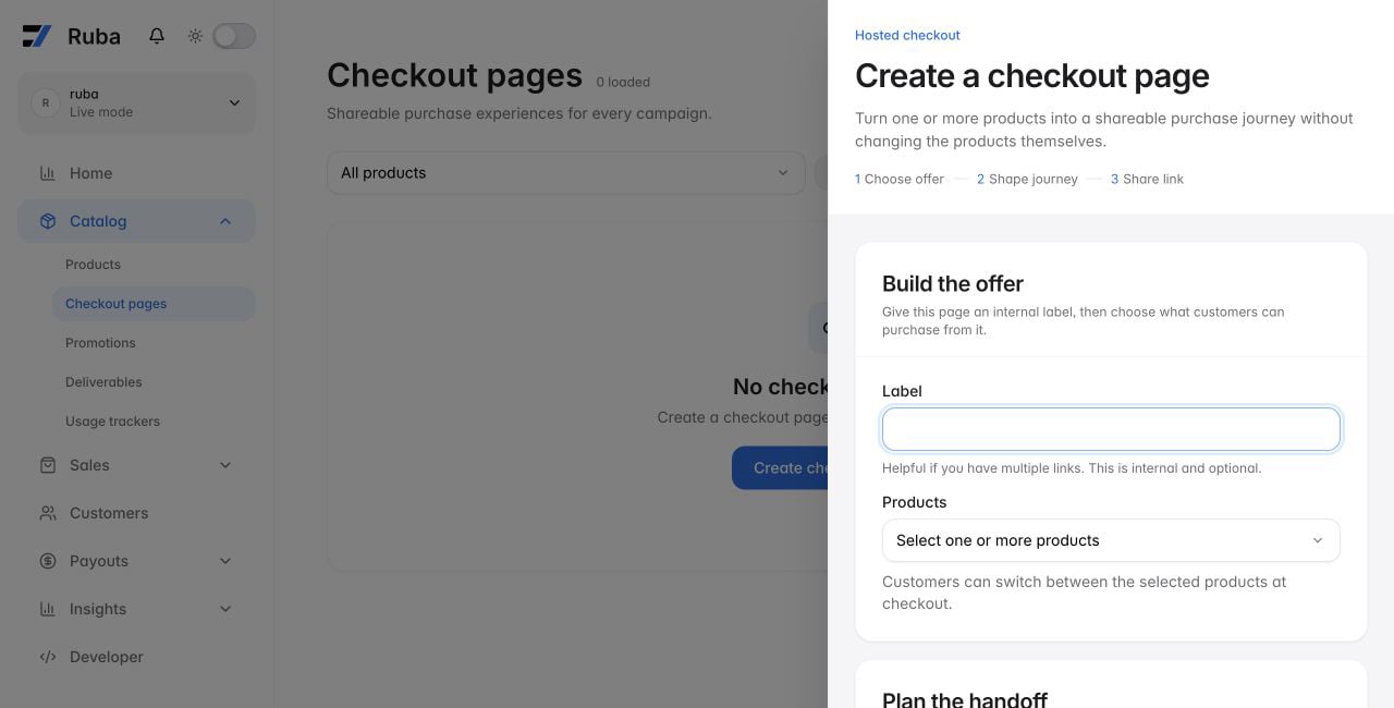 Ruba checkout page creation form in light mode