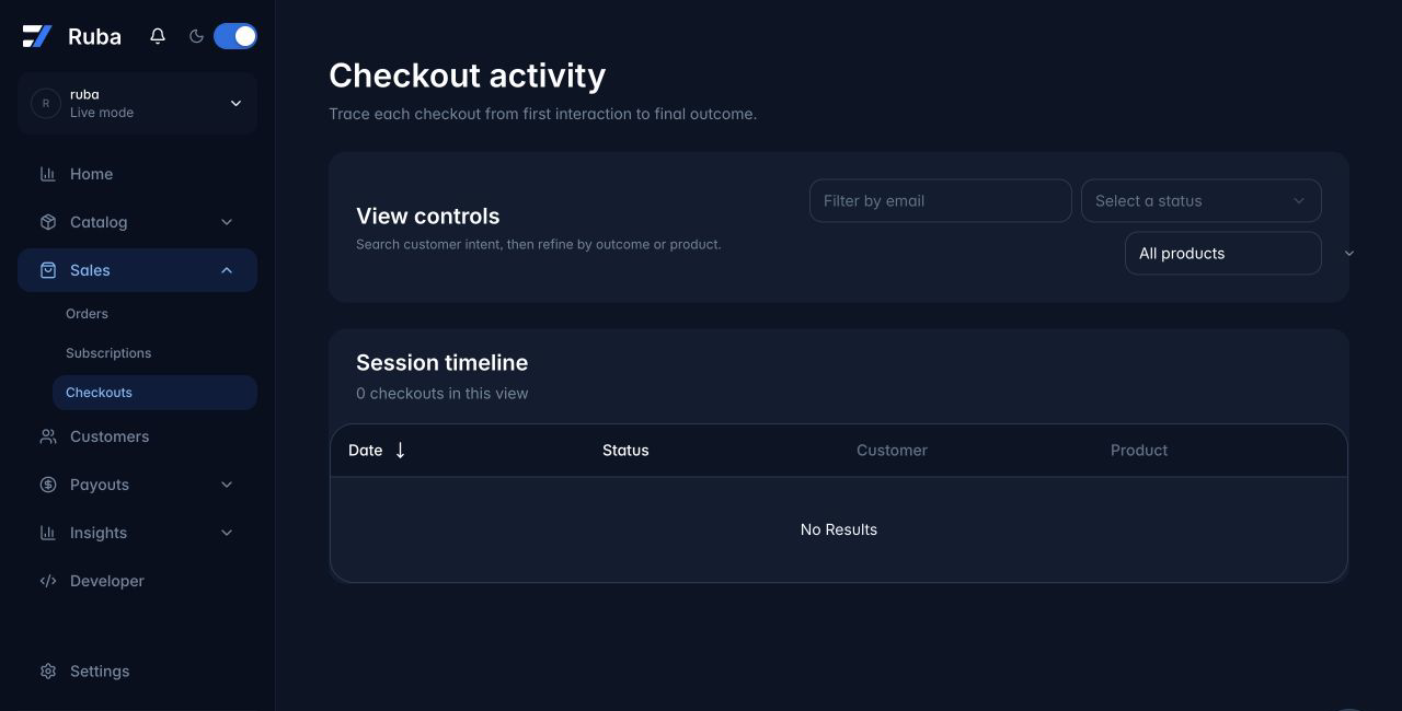 Ruba checkout activity view in dark mode