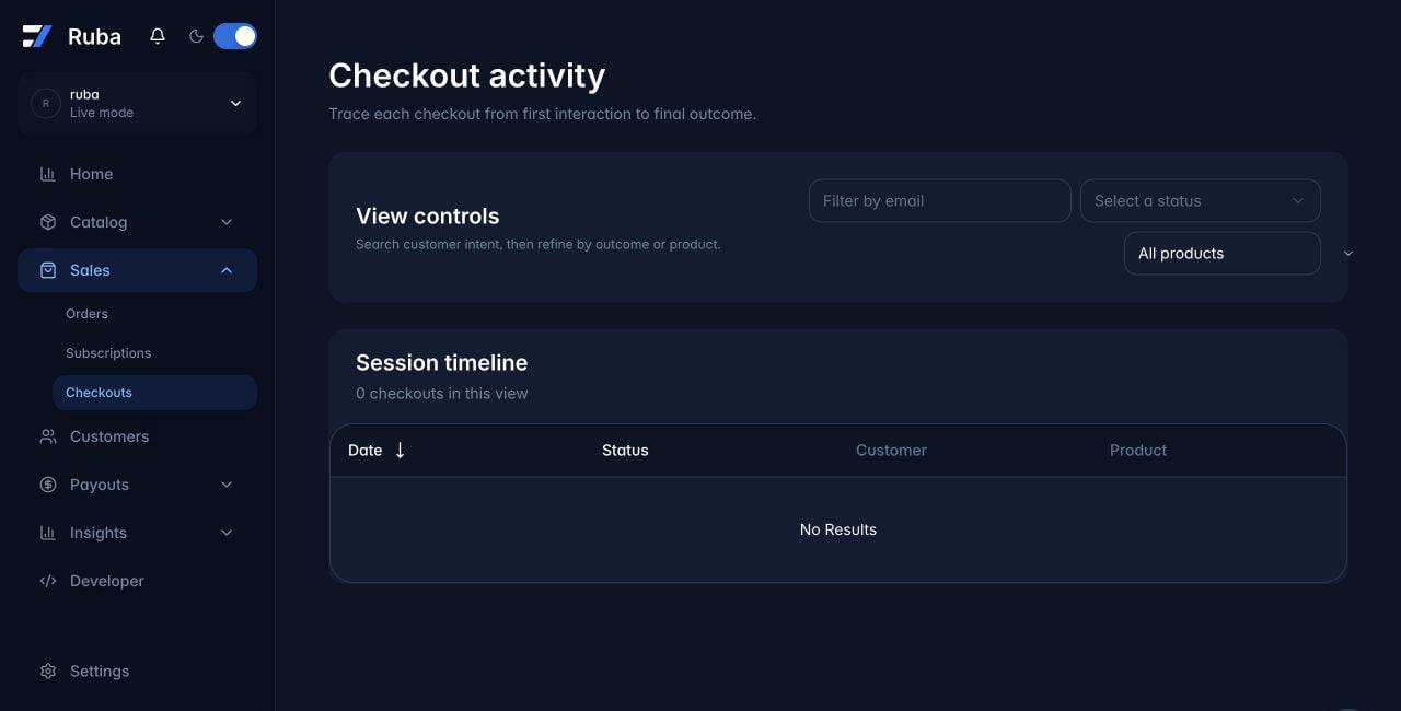 Ruba checkout activity view in dark mode